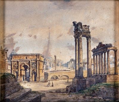 Veduta del Foro Romano con L'arco di Settimio Severo e i Resti del Tempio di Vespasiano e Tito e ...