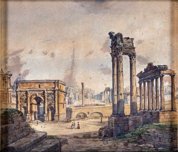Veduta del Foro Romano con l'Arco di Settimio Severo e i resti del tempio di Vespasiano e Tito e del  [..]