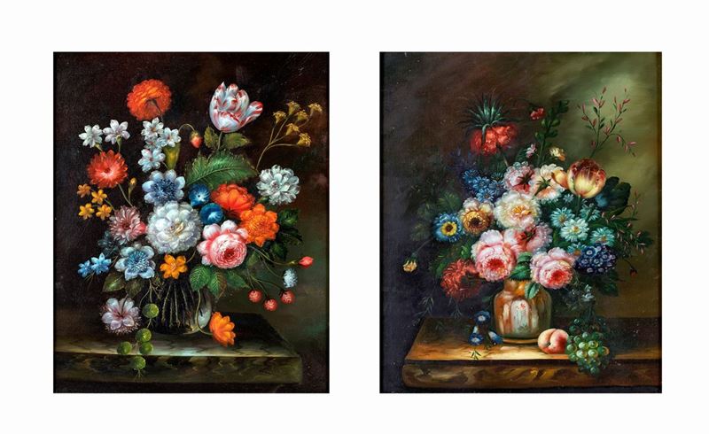 Pittore della Fine del XIX Secolo - Coppia di Nature Morte di Fiori, Fine XIX Secolo