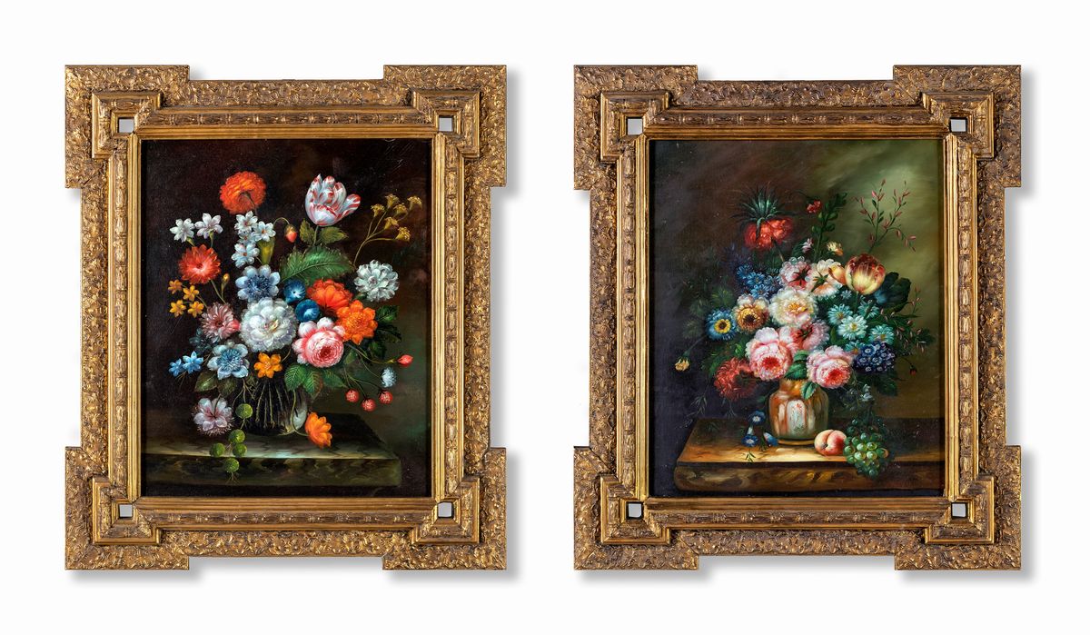 Pittore della Fine del XIX Secolo - Coppia di Nature Morte di Fiori, Fine XIX Secolo