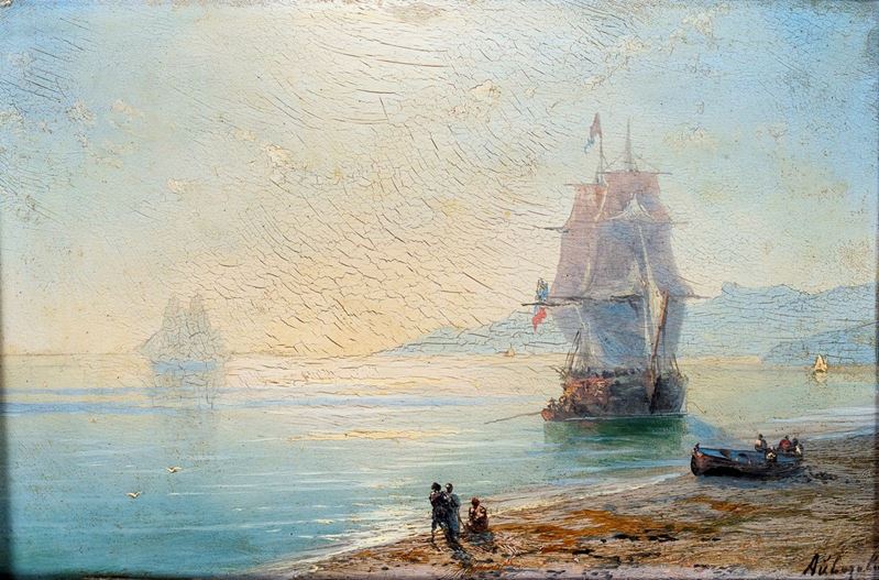 Pittore Russo del XIX Secolo, Marina con Veliero