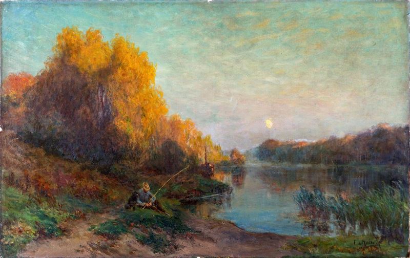 François Richard De Montholon - Paesaggio Fluviale con Pescatore