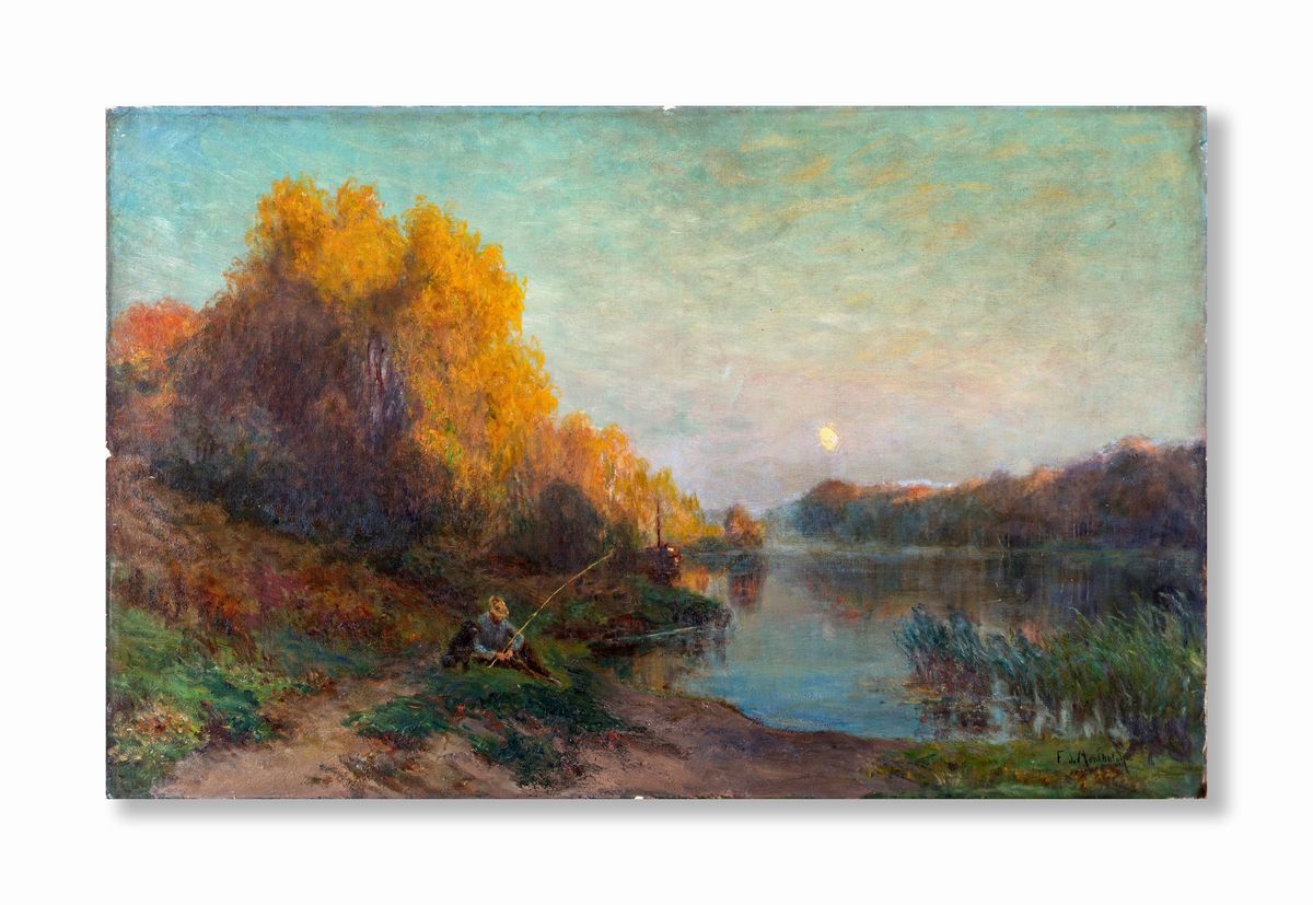 François Richard De Montholon - Paesaggio Fluviale con Pescatore