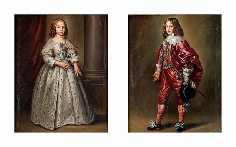 Pittore del XIX Secolo - A) Ritratto di Giovinetta B) Ritratto di Giovane Cavaliere in Abito Ross...