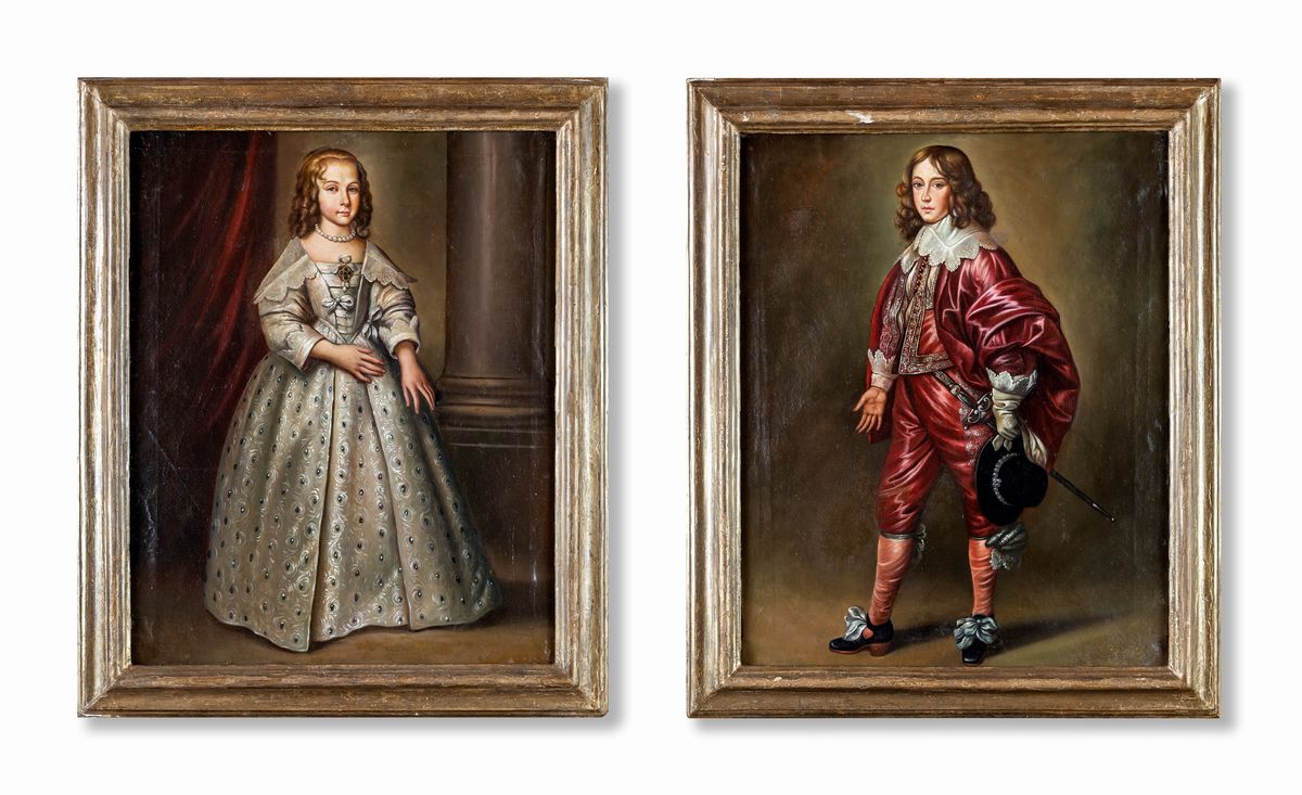Pittore del XIX Secolo - A) Ritratto di Giovinetta B) Ritratto di Giovane Cavaliere in Abito Ross...