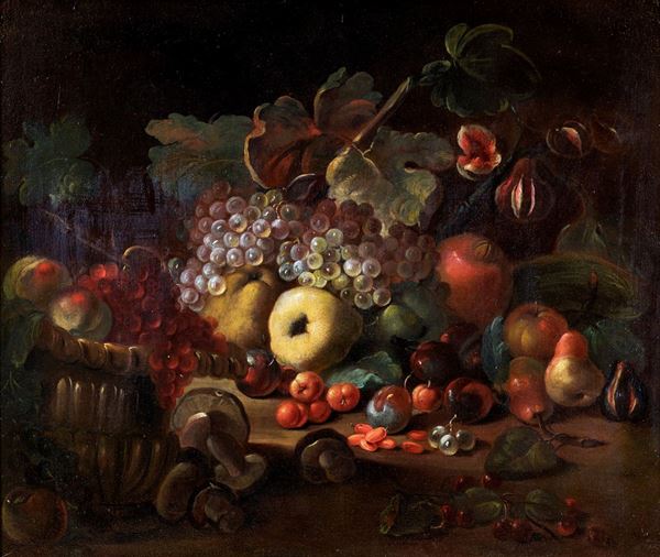 Scuola Romana del XVII secolo - Natura morta di frutta e funghi
