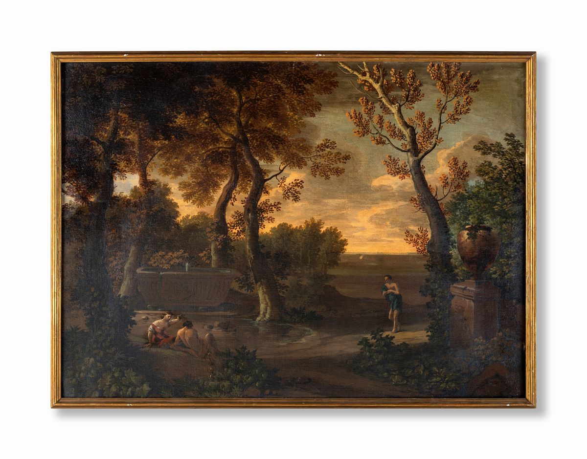 Scuola Romana del XVII Secolo - Paesaggio con Fontana e Figure Classiche