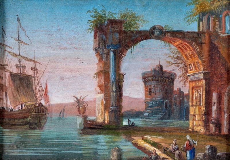 Scuola Veneta del XVIII Secolo - Marina con Veliero e Ruderi Antichi