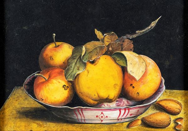 Giovanna Garzoni - Natura morta con piatto di mele e mandorle sul piano