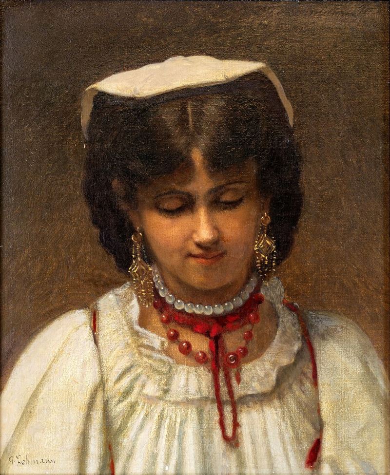 Pittore del XIX Secolo - Ritratto di Popolana con Collana di Corallo