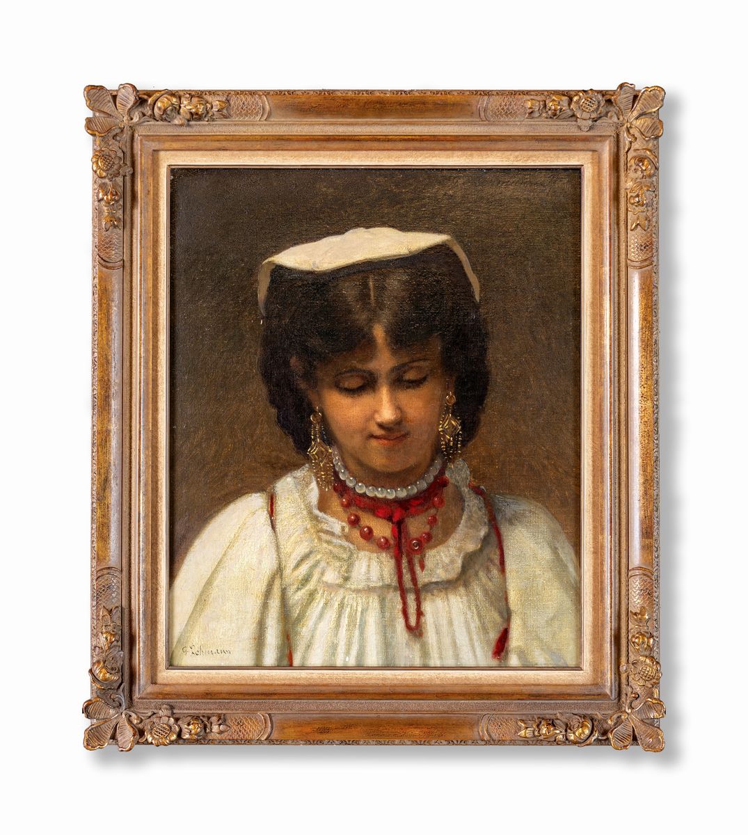 Pittore del XIX Secolo - Ritratto di Popolana con Collana di Corallo