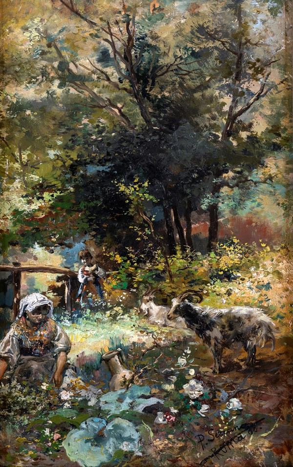 Pittore del XIX secolo - Scorcio di paesaggio con pastorelle e caprette 