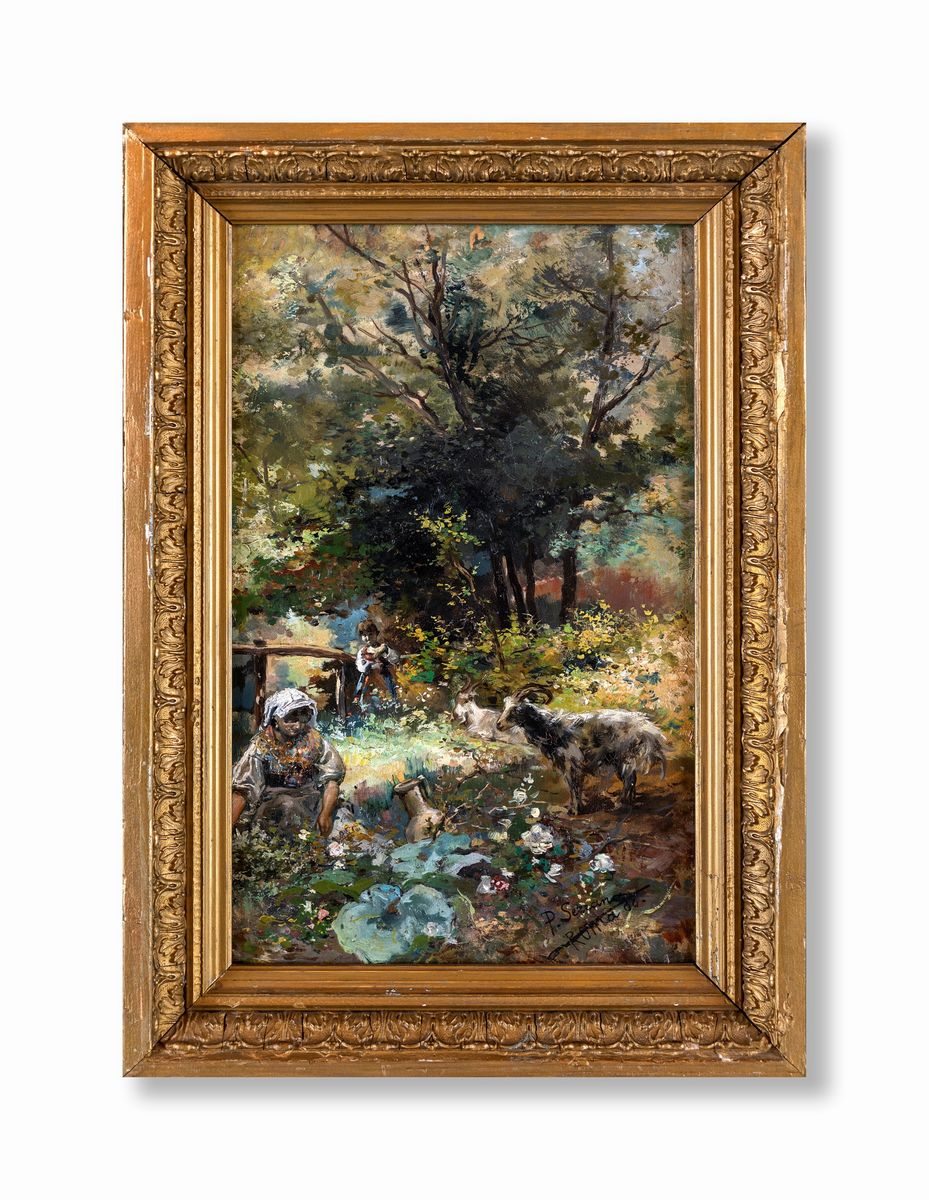 Pittore del XIX Secolo - Scorcio di Paesaggio con Pastorelle e Caprette