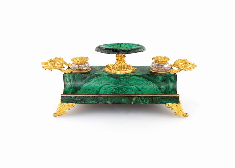 Calamaio in Malachite e Bronzo Dorato, Francia, XIX Secolo