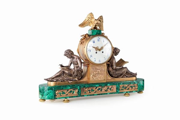 Grande orologio in bronzo e malachite, Francia, epoca Direttorio