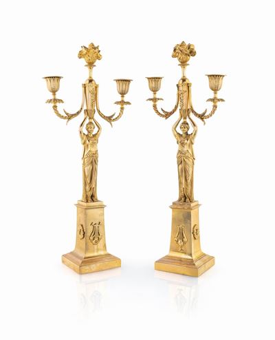 Coppia di Candelieri in Bronzo Dorato di Gusto Impero