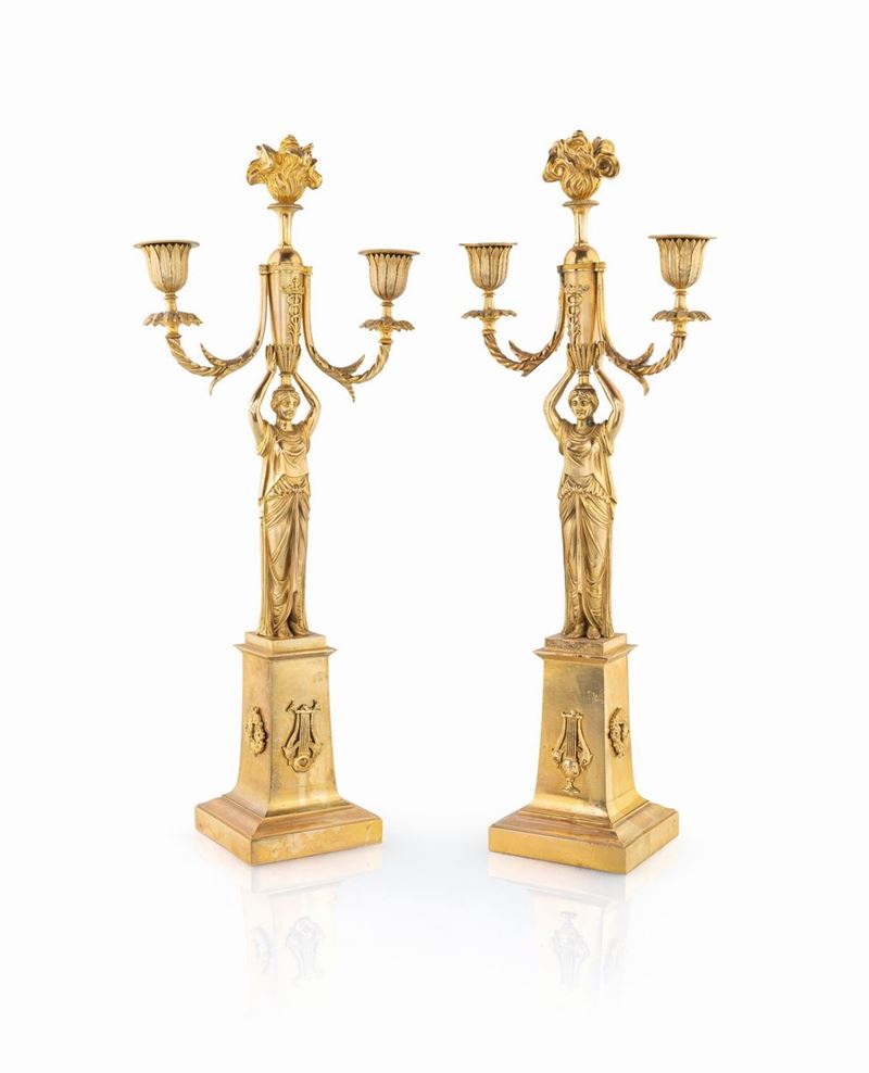 Coppia di Candelieri in Bronzo Dorato di Gusto Impero