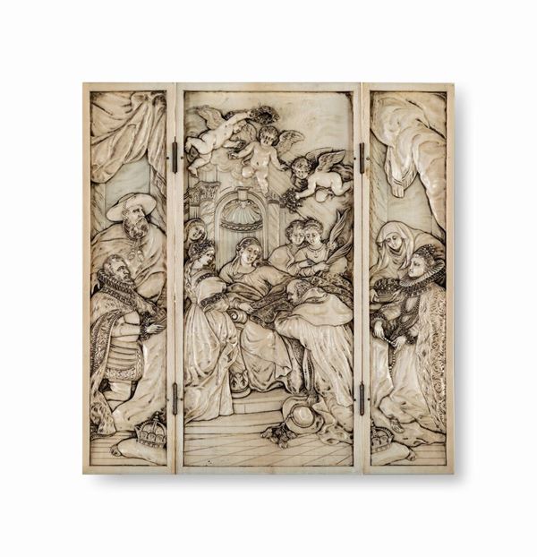 Trittico di Sant&#39;Ildefonso in avorio scolpito, Dieppe, XIX secolo