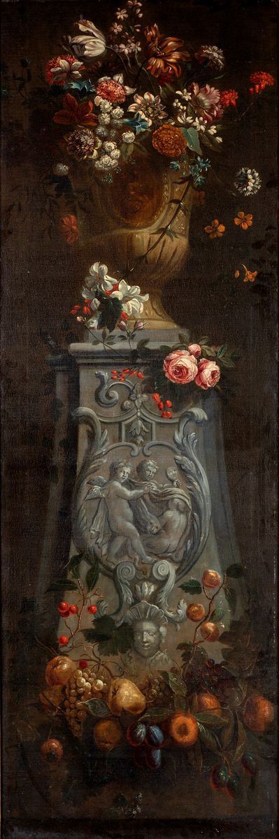 Pittore napoletano del XVII secolo - Natura morta di fiori con vaso classico e piedistallo scolpito