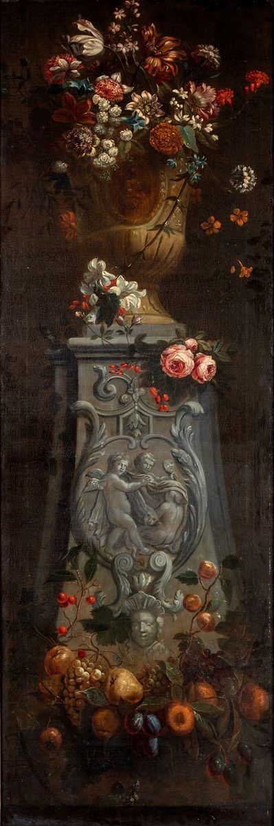 Pittore Napoletano del XVII Secolo - Natura Morta di Fiori con Vaso Classico e Piedistallo Scolpi...