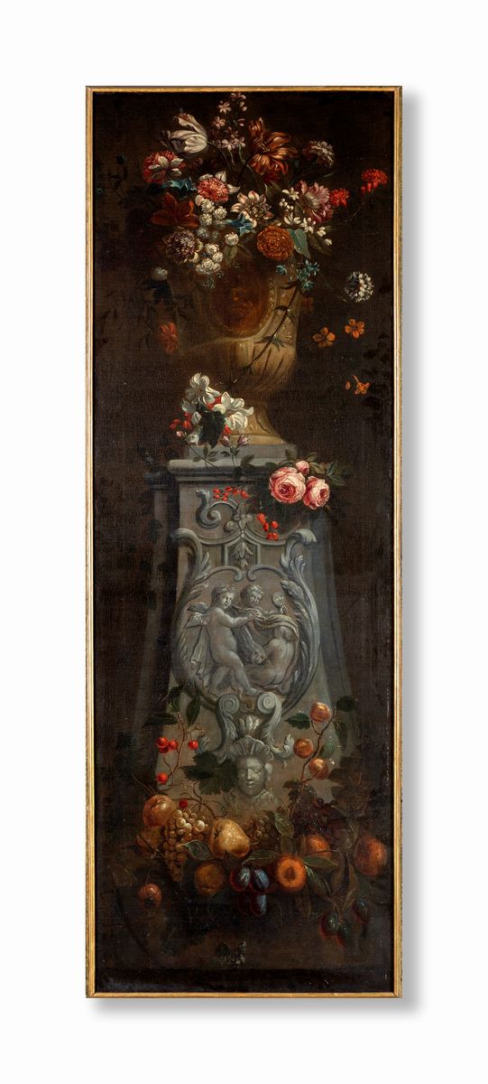 Pittore Napoletano del XVII Secolo - Natura Morta di Fiori con Vaso Classico e Piedistallo Scolpi...