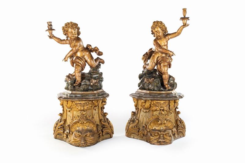 Coppia di Putti in Legno Dorato, Genova, Fine XVII/inizio XVIII Secolo