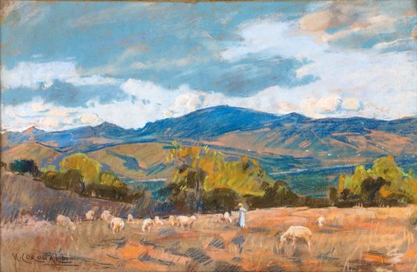 Umberto Coromaldi - Paesaggio con pastorella e gregge