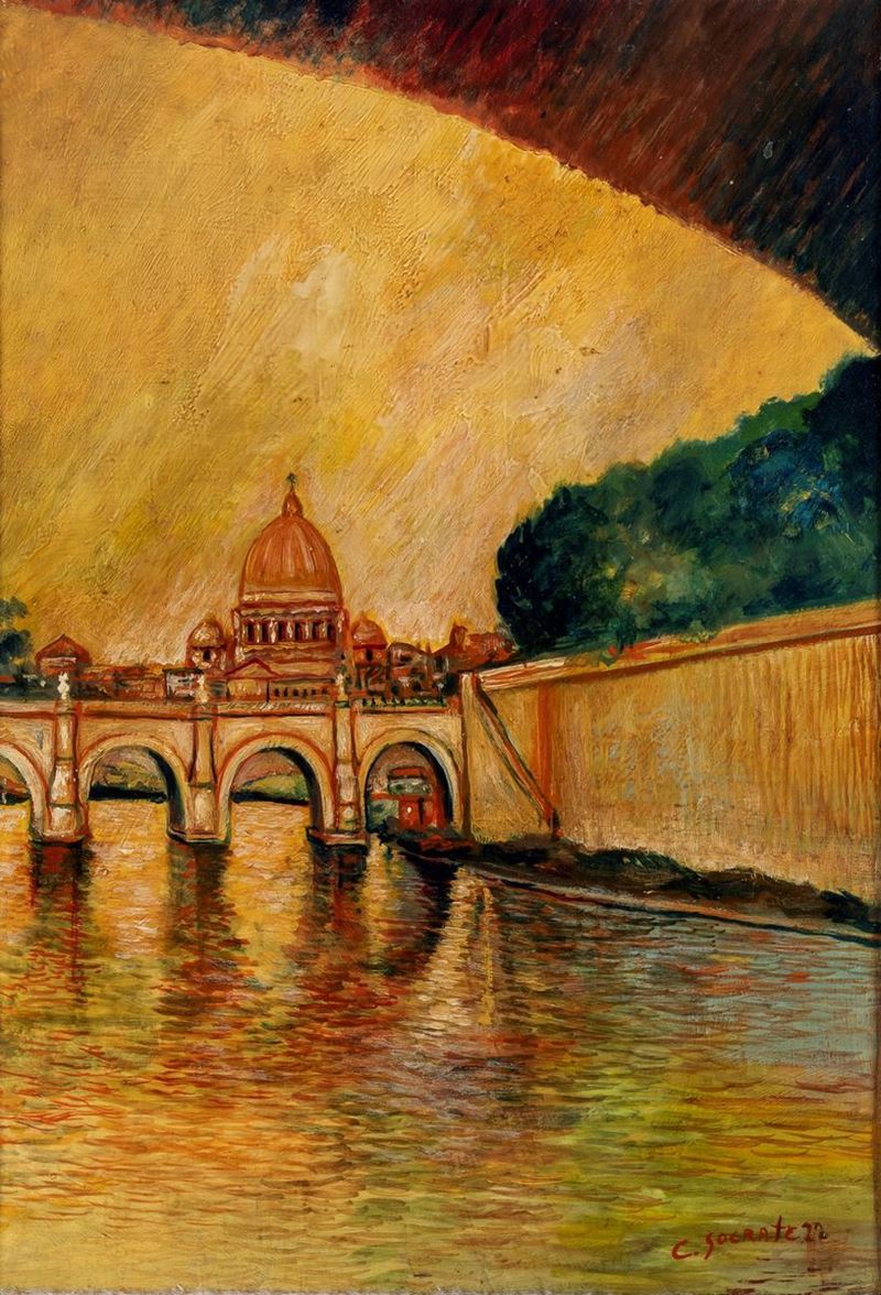 Carlo Socrate - Veduta di Roma (basilica di San Pietro e Ponte Umberto I)