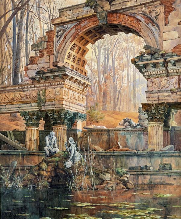 Pittore del XIX secolo - Ruderi classici con Alfeo e Aretusa