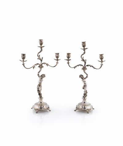 Coppia di Candelabri in Argento a Tre Fiamme, Fine Anni Quaranta/inizio Anni Cinquanta