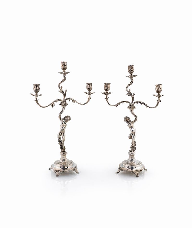 Coppia di Candelabri in Argento a Tre Fiamme, Fine Anni Quaranta/inizio Anni Cinquanta