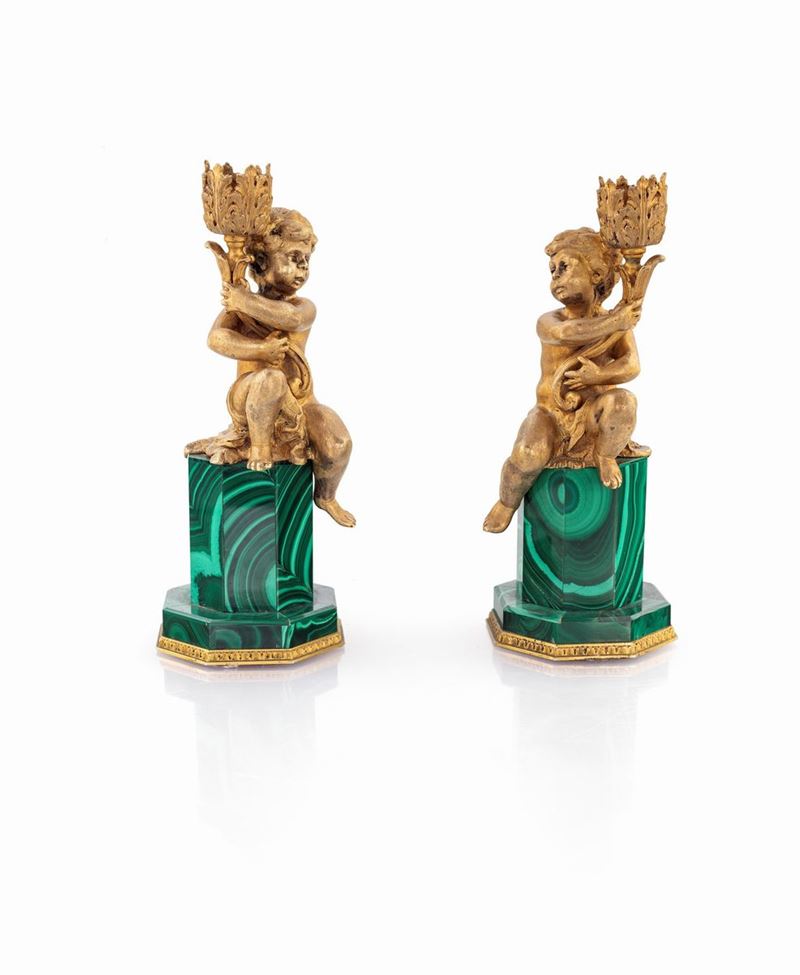 Coppia di Piccoli Candelieri in Bronzo Dorato, Russia, XIX Secolo