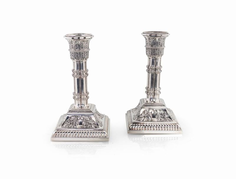 Coppia di Candelieri in Argento 835/1000, Nord Europa (olanda?), Fine XIX/inizio XX Secolo