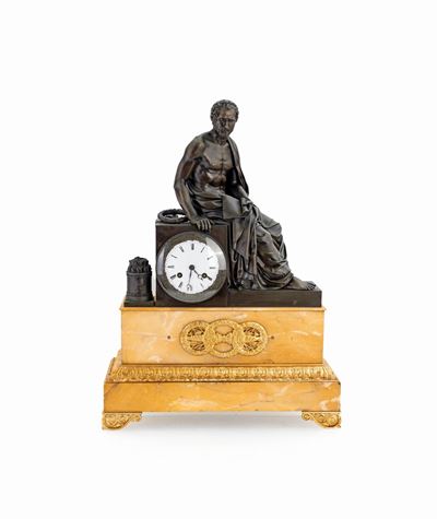 Grande Orologio da Camino in Marmo Giallo e Bronzo Brunito, XIX Secolo