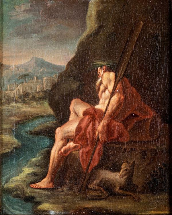 Pittore del XVIII secolo - Paesaggio fluviale con Santo eremita e agnello