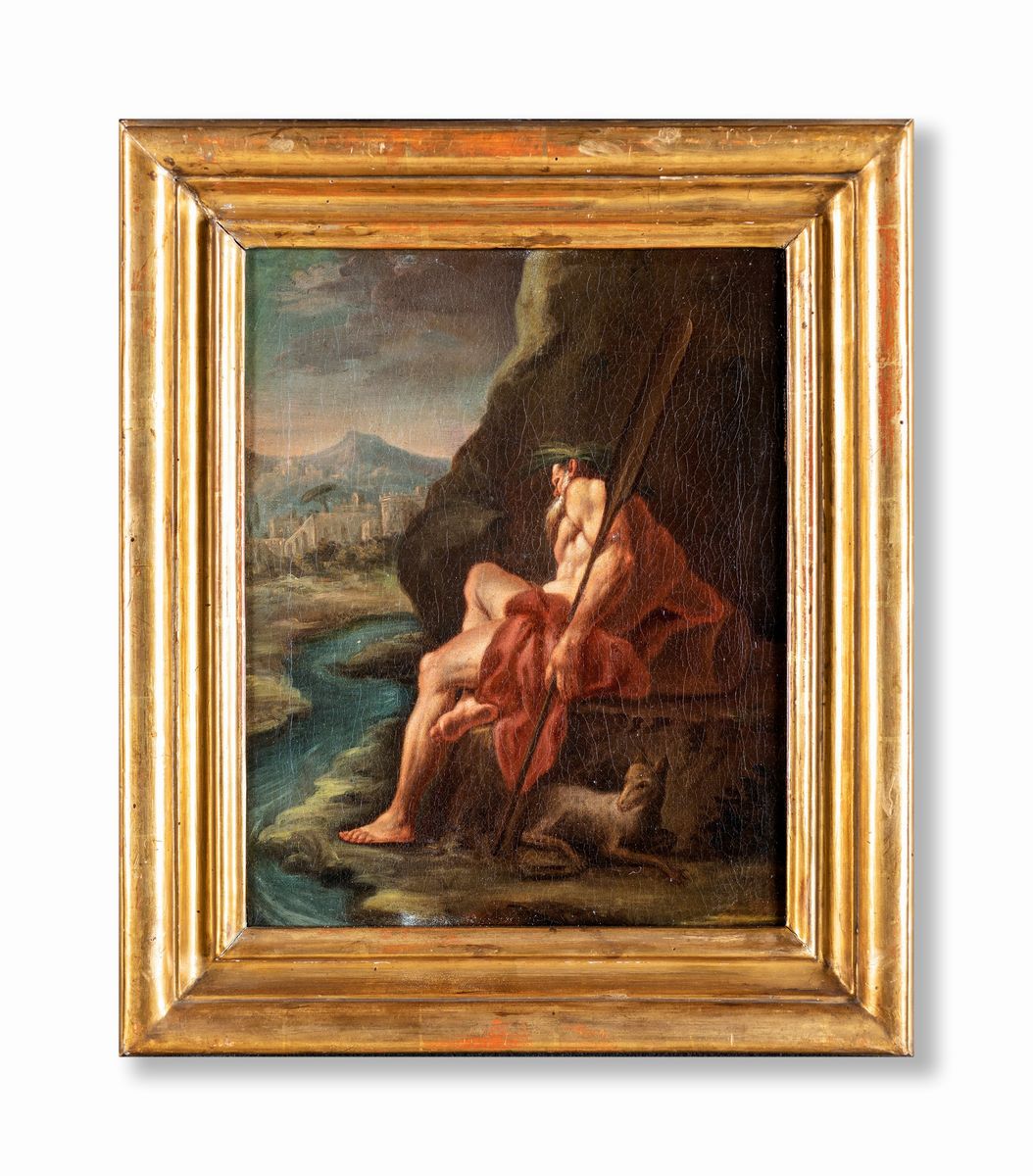 Pittore del XVIII Secolo - Paesaggio Fluviale con Santo Eremita e Agnello