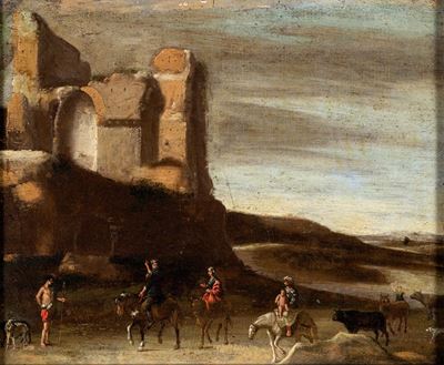 Paesaggio Fluviale con Architetture e Fuga in Egitto
