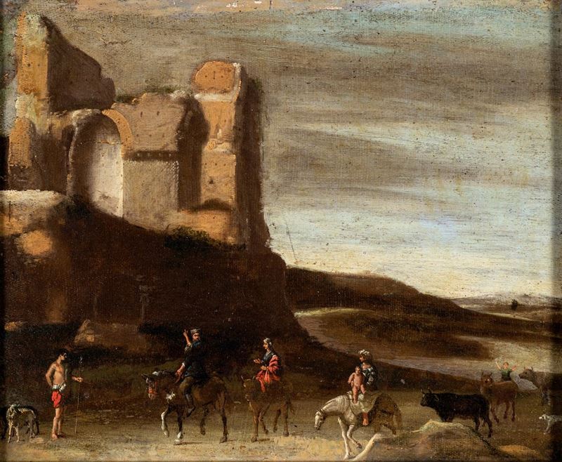Scuola Romana del XVII Secolo - Paesaggio Fluviale con Architetture e Fuga in Egitto
