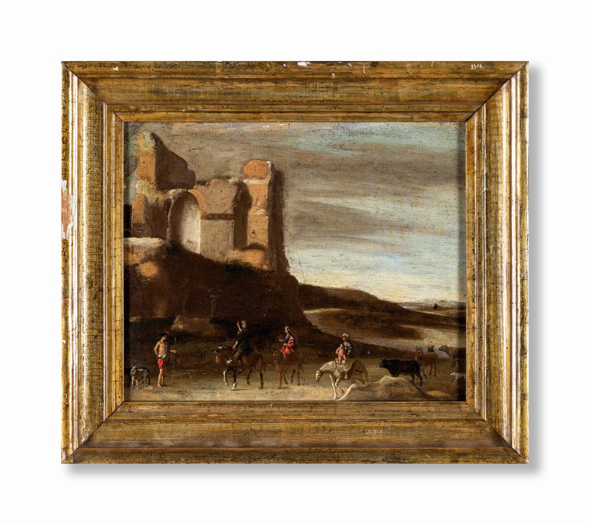 Scuola Romana del XVII Secolo - Paesaggio Fluviale con Architetture e Fuga in Egitto