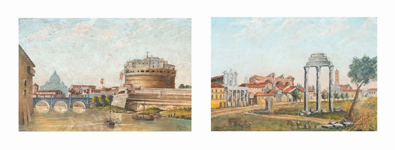 Federico Schianchi - A) il Tevere e Castel Sant'angelo B) Veduta delle Tre Colonne del Tempio dei...