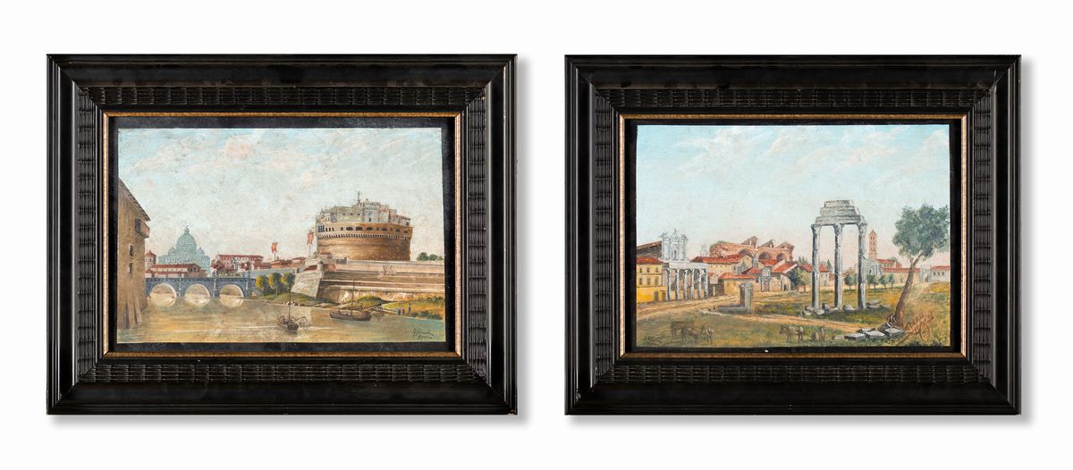 Federico Schianchi - A) il Tevere e Castel Sant'angelo B) Veduta delle Tre Colonne del Tempio dei...