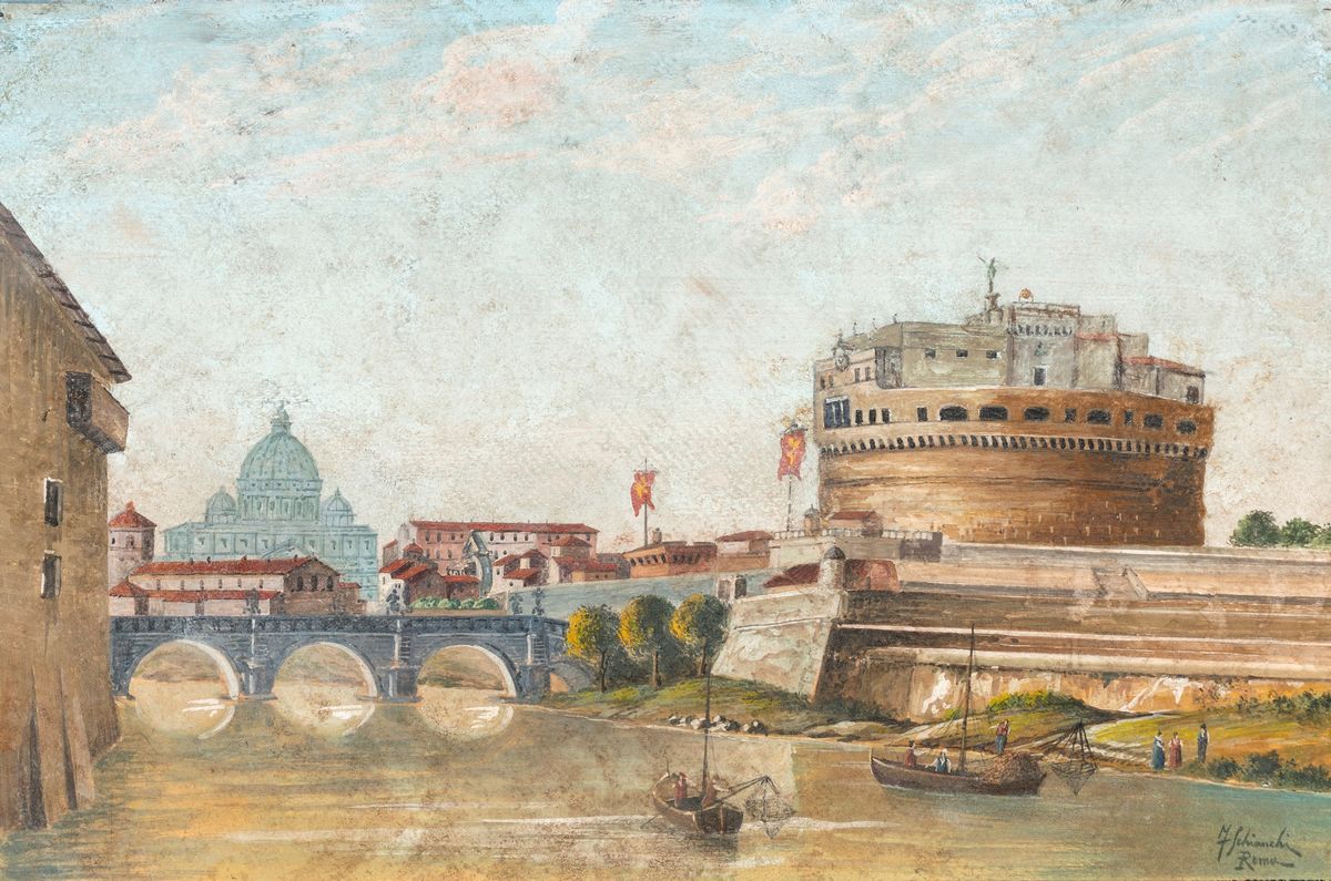 Federico Schianchi - A) il Tevere e Castel Sant'angelo B) Veduta delle Tre Colonne del Tempio dei...