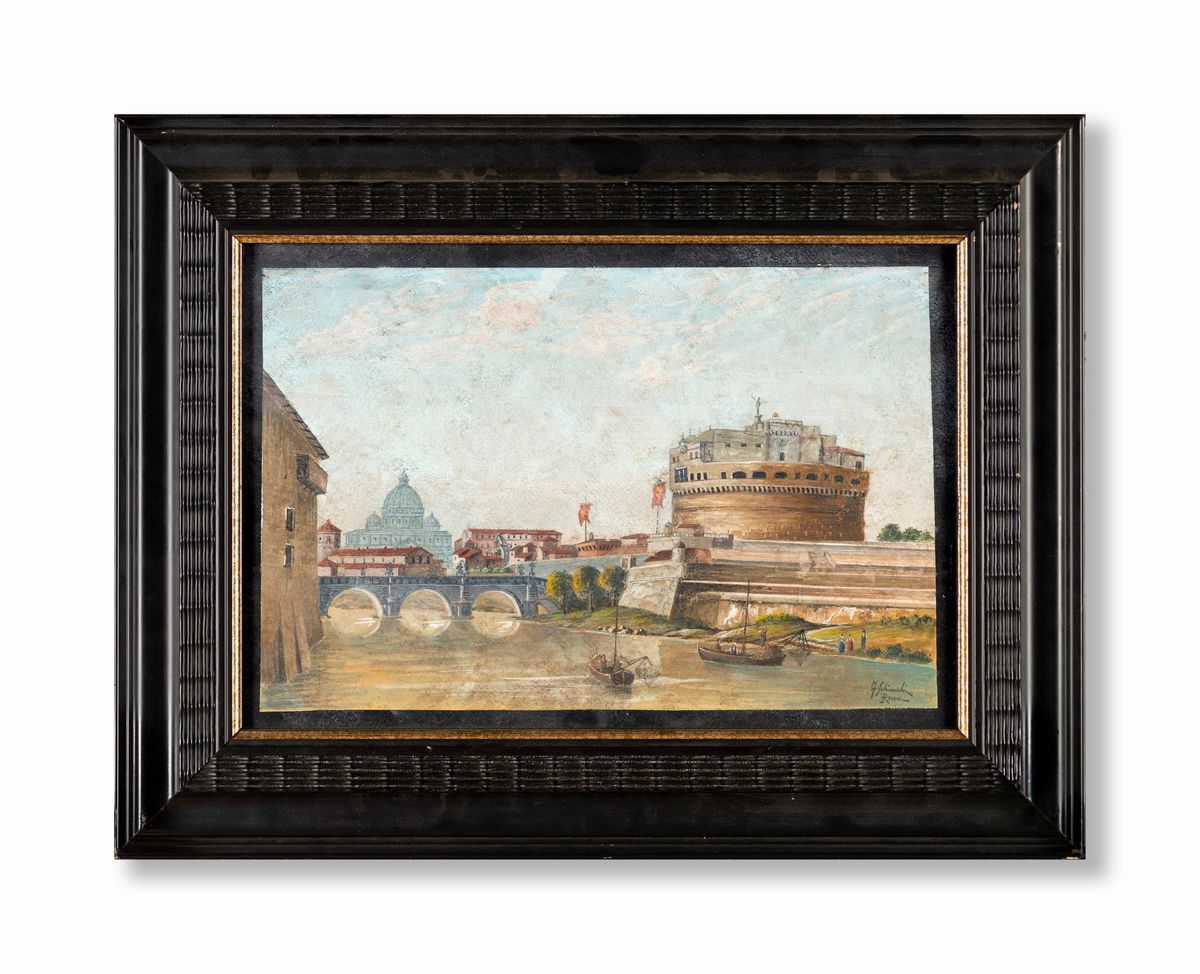 Federico Schianchi - A) il Tevere e Castel Sant'angelo B) Veduta delle Tre Colonne del Tempio dei...