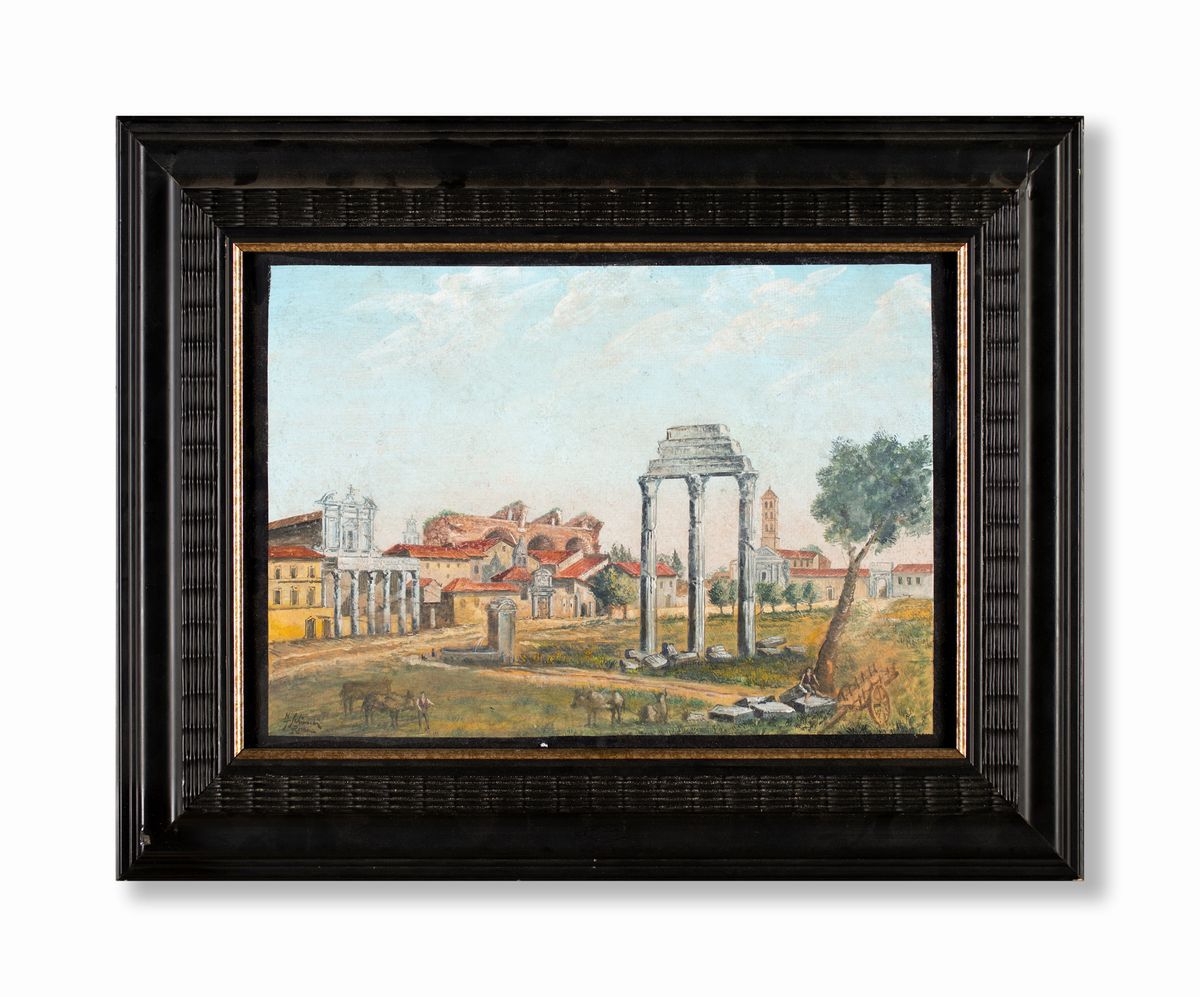 Federico Schianchi - A) il Tevere e Castel Sant'angelo B) Veduta delle Tre Colonne del Tempio dei...