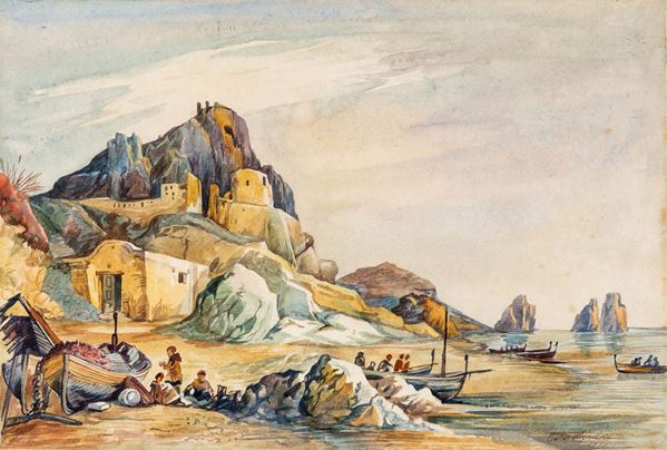 Pittore del XIX secolo - Marina con pescatori
