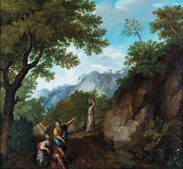 Scuola Romana del XVIII secolo - Paesaggio boschivo con figure di soldato e donna con orcio