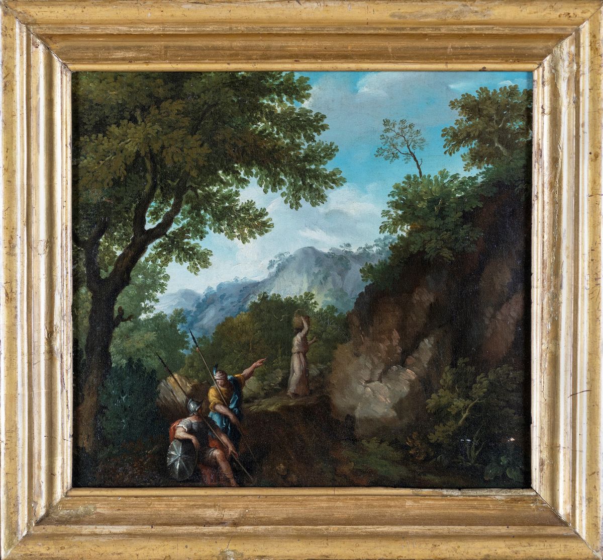 Scuola Romana del XVIII Secolo - Paesaggio Boschivo con Figure di Soldato e Donna con Orcio