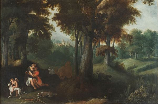 Venere e Adone nel paesaggio con figura di Cupido e animali