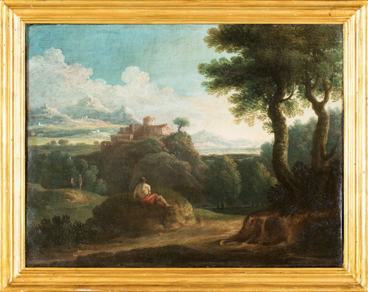 Jan Frans Van Bloemen (cerchia) - Paesaggio Fluviale con Figure