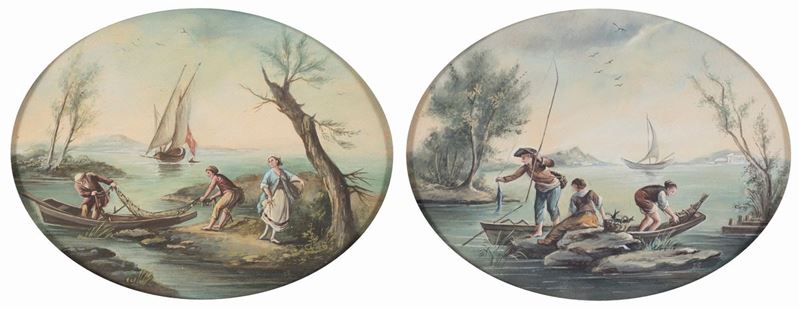 Scuola Veneta del XVIII Secolo - A) Pescatori sul Lago B) la Piegatura delle Reti